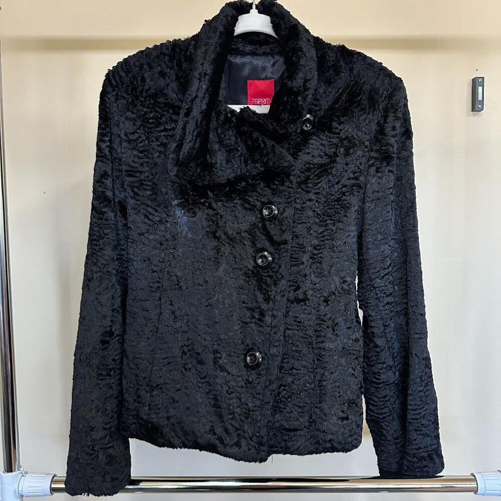 Esprit Faux Fur Jacket / Coat in Black, Size Medium Vintage 90s Y2K